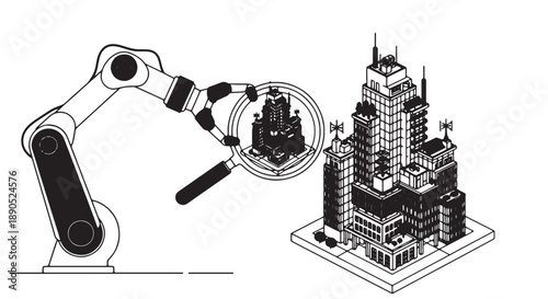 Robotic arm constructing miniature cityscape model with precision engineering details and architectural elements