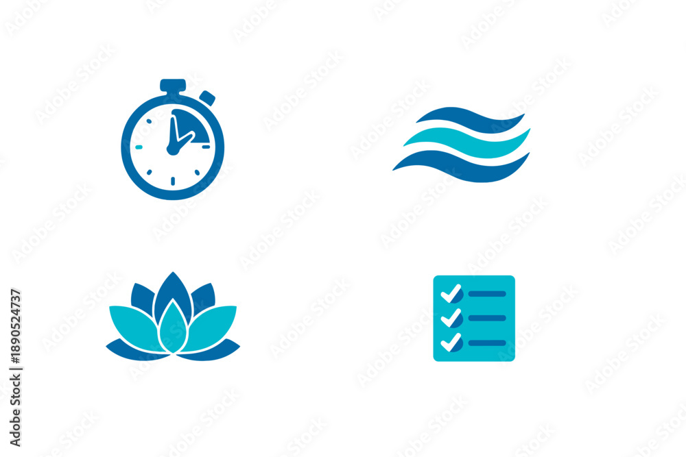 Fototapeta premium Symbols represent time, water flow, a lotus flower, and a checklist in a simple design suitable for various themes and uses