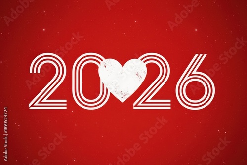 Heart symbol replacing zero in 2026 on red background