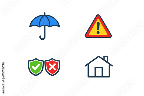 Icons showing symbols for weather, warning, safety, and home activities on a simple background, created for informative use in various applications including insurance and alerts