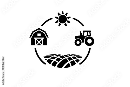 Farm activities take place in a circular design showing sun, barn, tractor, and field in a simple black and white style