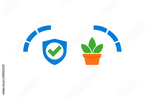 Design representing safety and care for plants with a shield symbol on one side and a plant in a pot on the other side in a simple layout