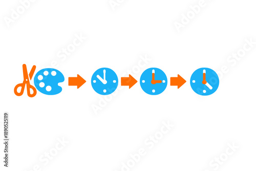 Steps to create a clock from simple materials showing scissors, a color palette, and clock faces in a clear sequence