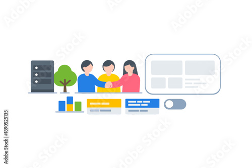 Three people shake hands while standing near an icon of a tree and charts in a modern digital setting