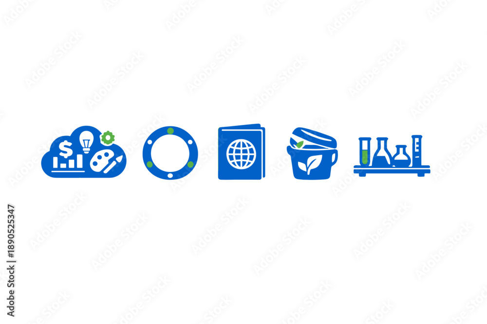 Obraz premium Symbols showing various aspects of sustainability including finance, global connection, travel, eco-friendly practices, and science in a modern context