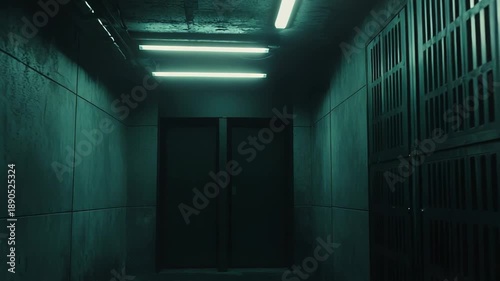 Wallpaper Mural Dark, empty corridor in an abandoned industrial facility or bunker, featuring minimalist architecture illuminated by glowing fluorescent lamps, creating an eerie and mysterious atmosphere Torontodigital.ca