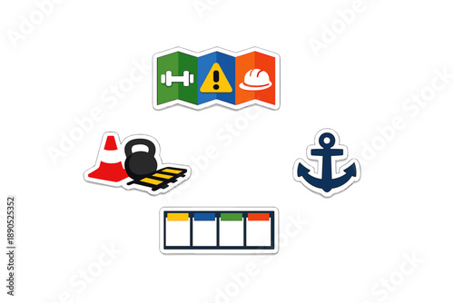 Stickers showing safety symbols, weights, and construction items, used in workplace settings to promote awareness and organization