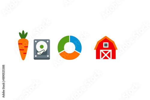 Carrot, hard drive, pie chart, and barn icons for digital farming and data analysis activities in modern agriculture settings