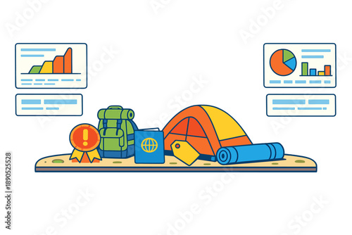 Camping gear and travel tools are arranged neatly on a table along with charts and graphs showing statistics and information related to outdoor activities and travel plans