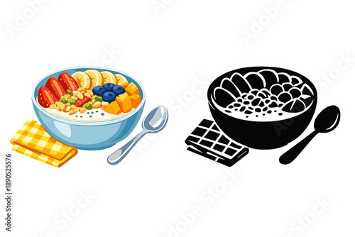 Breakfast bowl filled with fruits, nuts, and yogurt served on a white background with a spoon and napkin beside it