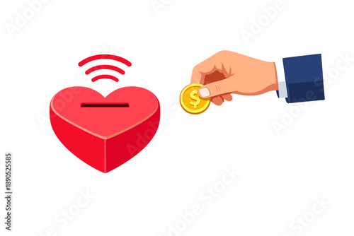 Hand placing coin into heart shape box in a digital donation concept for charity or fundraising from a distance using mobile technology
