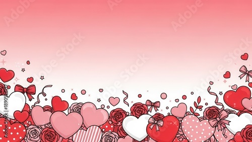 Floral and heart border background with pink roses for romantic celebrations and greeting cards