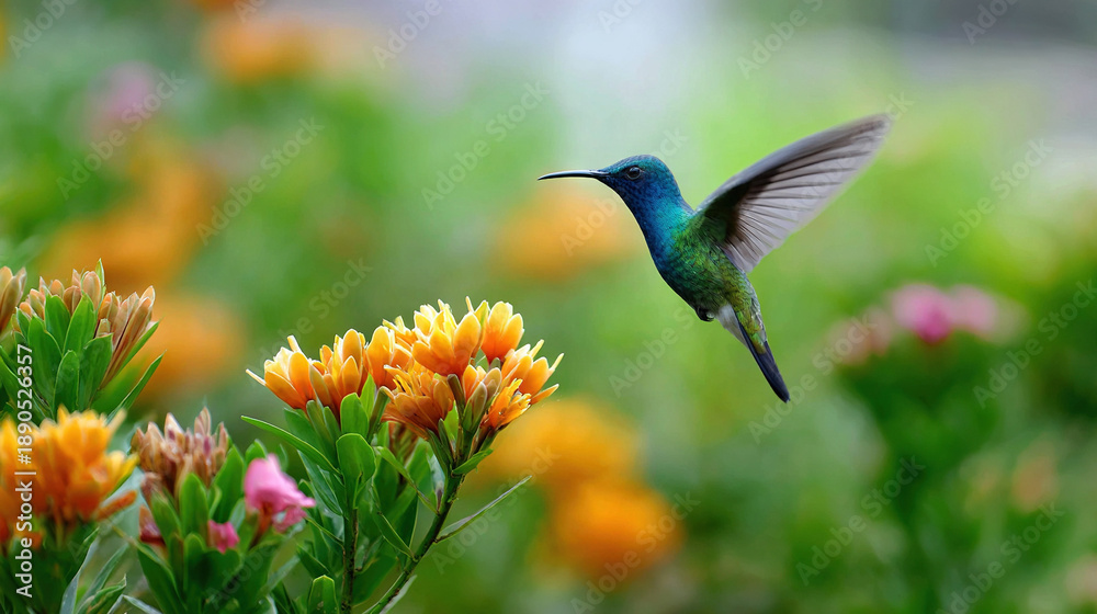 Fototapeta premium Hummingbird Hovering Over Bright Flowers