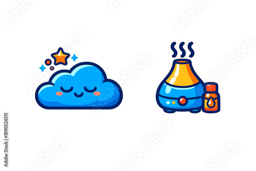 Adorable sleeping cloud character next to an essential oil diffuser and scent bottle