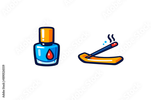 Cosmetic nail polish bottle next to a lit aromatherapy incense stick and holder