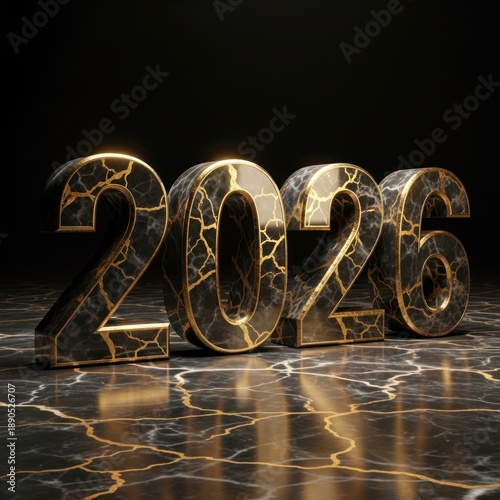 Golden 2026 numerals standing on a reflective marble surface with dramatic lighting.