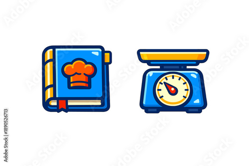 Bright blue cookbook and retro kitchen weighing scale with chef hat design