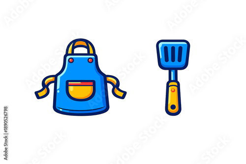 Colorful blue chef apron with pocket and cooking spatula kitchen utensil set