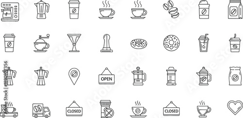 Coffee icons, cafe symbols, espresso machine, takeaway cup, coffee beans, French press, donut, grinder, barista tools, coffee shop elements