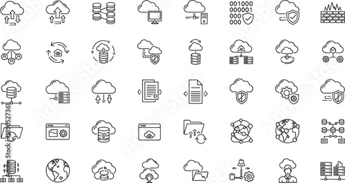 cloud computing icons, data, storage, cybersecurity, network, infrastructure, server, firewall, secure, transfer, global, connectivity, upload, download, protection, technology, digital, system