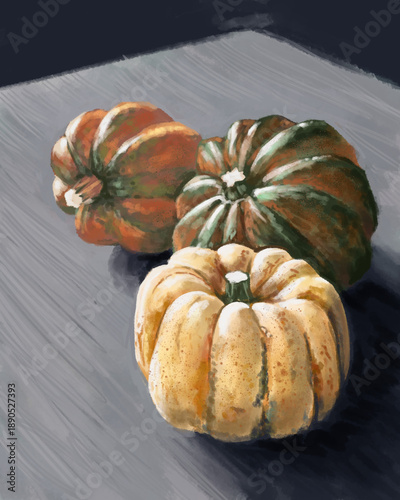 Arte estilo vintage antigo de três abóboras nas cores laranja, verde e bege sobre balcão mesa de madeira cinza, pintura semelhante a tinta óleo 