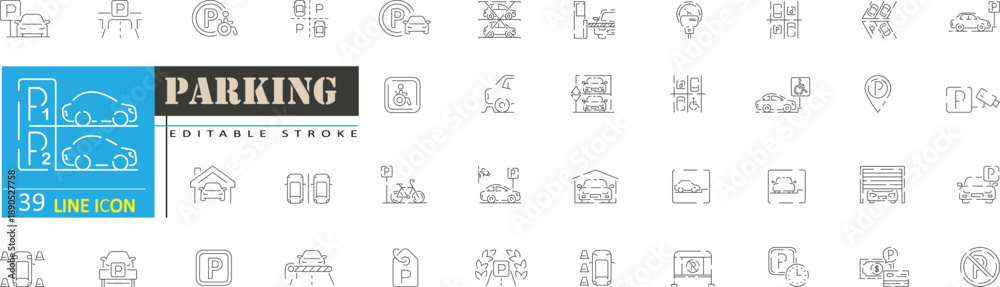 Naklejka premium Parking Line Icons Set. Car Parking, Garage, Parking Signs, Editable Stroke Vector Icons