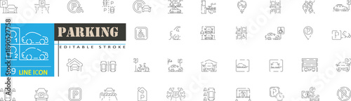 Parking Line Icons Set. Car Parking, Garage, Parking Signs, Editable Stroke Vector Icons
