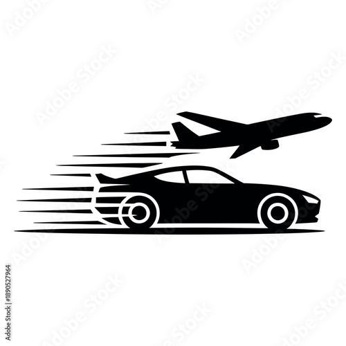 Speed car and airplane silhouette representing fast logistics and transportation services showing motion blur effects and rapid movement for delivery and travel industry concepts