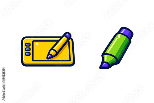 Digital drawing tablet with stylus and green highlighter marker icon set