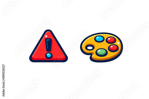Brightly colored red warning sign and yellow artist palette symbols representing risk and creativity