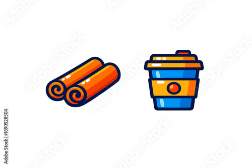 Pair of aromatic cinnamon sticks beside a vibrant takeaway hot beverage cup