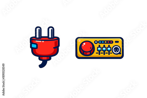Red electrical power plug and yellow audio interface control panel icons with knobs