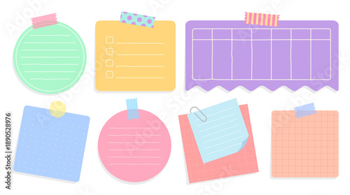 Bundle of colorful paper note with sticky tape template for message. Memo pad for reminder. Cute designed notes for diary, diary journal, list, planner and organizer. Flat vector illustration.