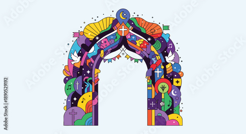Festive Archway with Religious and Musical Symbols