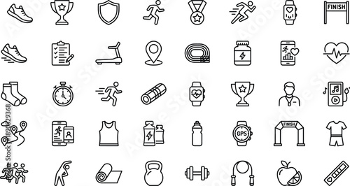 Fitness icons, running symbols, health tracking, workout gear, exercise equipment, gym tools, smartwatches, supplements, heart rate, yoga, GPS, training, wellness, cardio, strength, endurance