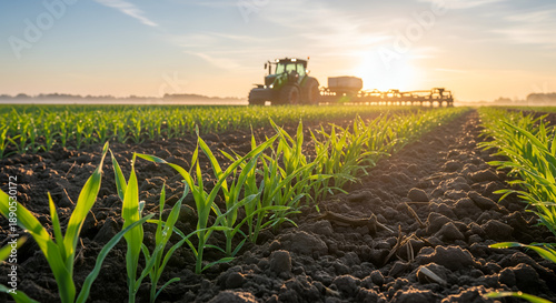 Tractor in Corn Field at Sunrise, Agriculture Farming Landscape