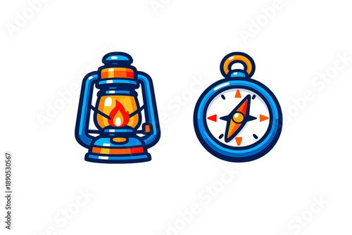 Bright glowing lantern and magnetic compass for outdoor adventure and exploration