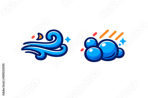 Set of dynamic icons showing fresh air movement and sparkling clean soap bubbles