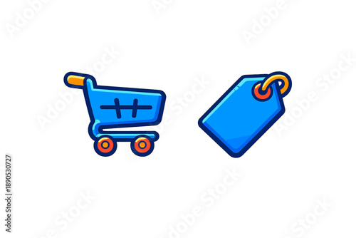 Bright blue shopping cart and price tag icons symbolizing online commerce and retail sales