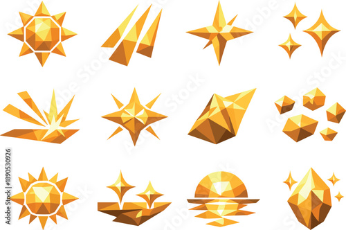 Geometric Sunbeam Icons. Dancing sunbeams and reflective light visualized as a low-poly vector icon set with sharp polygon edges,