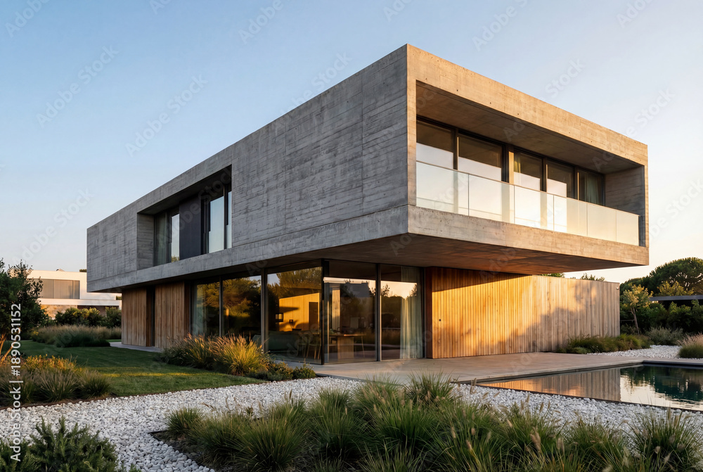 Fototapeta premium Luxury Contemporary House Exterior with Minimalist Design and Garden.