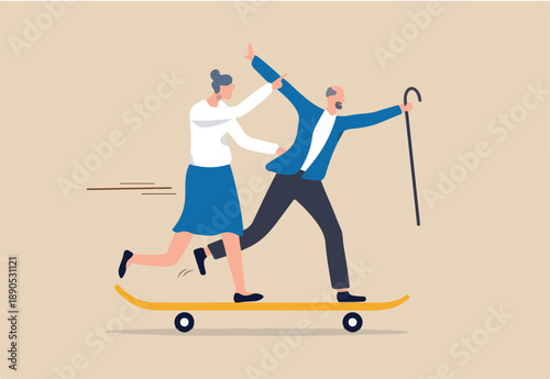 Happy retirement, active senior enjoy life after retire or health care and insurance for elderly aging society concept, happy elderly couple grandpa and grandmother enjoy life running on skateboard.