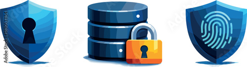 Secure Data Icons. Conceptual security-themed composition visualizing data protection, three symbolic icons arranged horizontally,