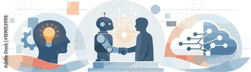 Human-AI Collaborative Workspace. Abstract automation workspace illustrating human-AI collaboration through balanced geometry,