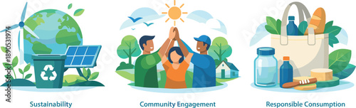 Sustainable Practices Icons. Ethical environmental scene illustrated via sustainable practices, community engagement, and