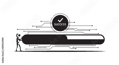 Robot standing next to a green progress bar with a success symbol