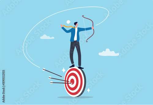 Easy achieve goal, business target, confident or skill to success, challenge for marketing strategy, aiming at goal, perfection or objective concept, businessman easy aim at target bullseye