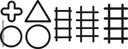 Geometric shapes, visual puzzle, black outline icons, abstract symbols, pattern recognition, cognitive test, grid elements, triangle, plus sign, circles