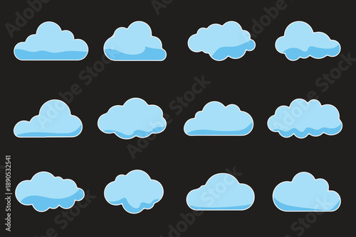 Collection of various light blue cartoon cloud shapes on black background
