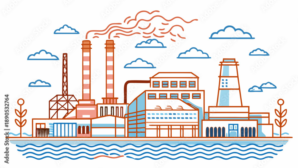 Naklejka premium Nuclear power plant and energy production line art. Atomic power station vector illustration